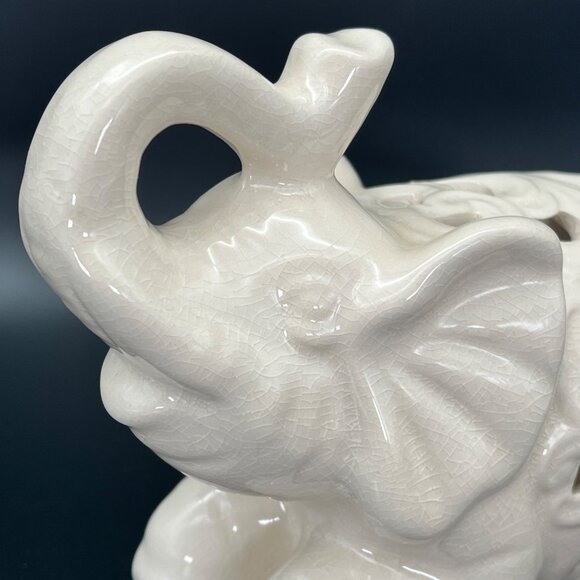 Ceramic Elephant Figurine Carved Crackle Pattern Trunk Up 9" x 7" - Picture 9 of 14